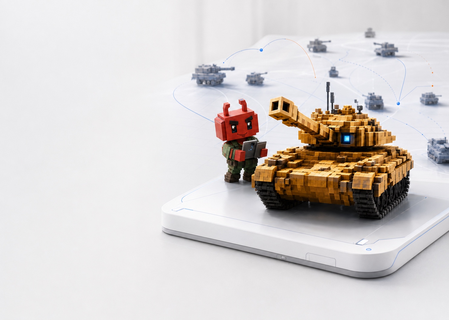 Golden voxel tank and AI agent inside a bright policy evaluation lab
